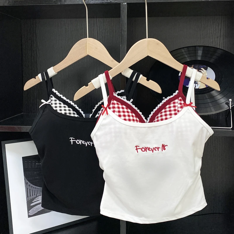 日系撞色设计感双肩带假两件打底吊带背心女时尚短款洋气百搭背心