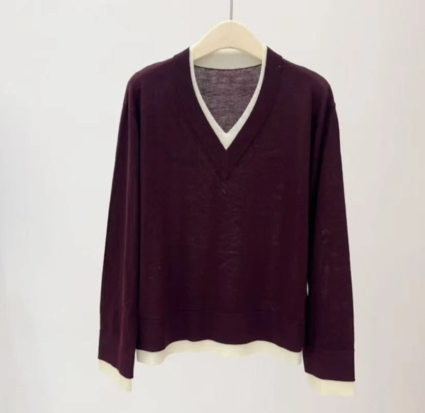 2025秋季假两件V领针织衫宽松韩版套头毛衣拼色宽松休闲羊毛上衣