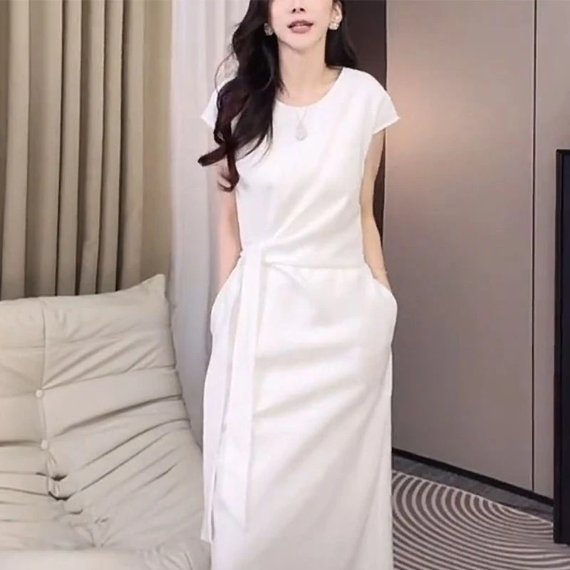 时尚法式设计感连衣裙女2025夏季新款气质显瘦拼接系带短袖休闲裙