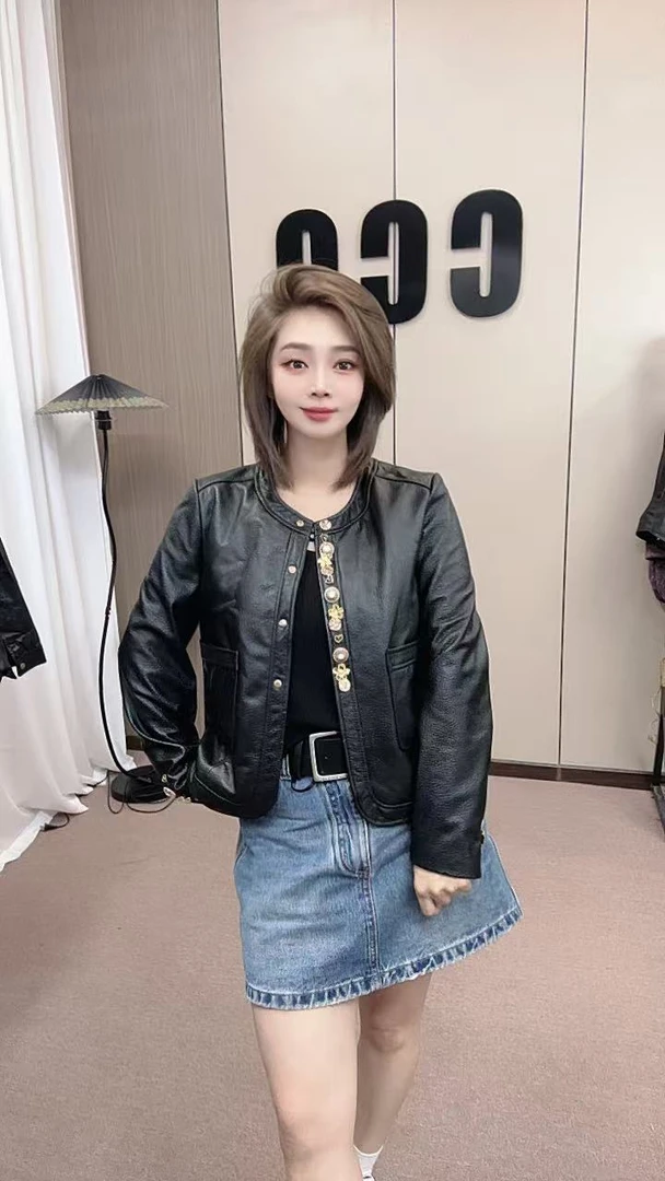 绵羊皮重工荔枝纹真皮短款皮衣设计洋气小个子机车款圆领夹克皮衣