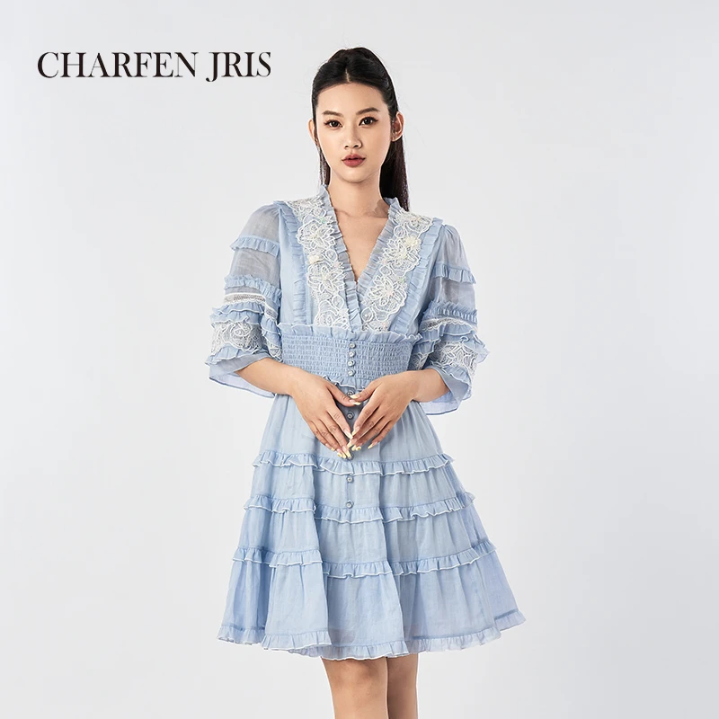 CHARFEN朝峰夏季新款气质时尚蕾丝V领连衣裙FJF2D686-6506G