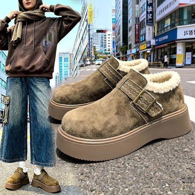厚底加绒勃肯鞋女保暖雪地靴2025新款冬季一脚蹬乐福鞋低帮棉鞋子