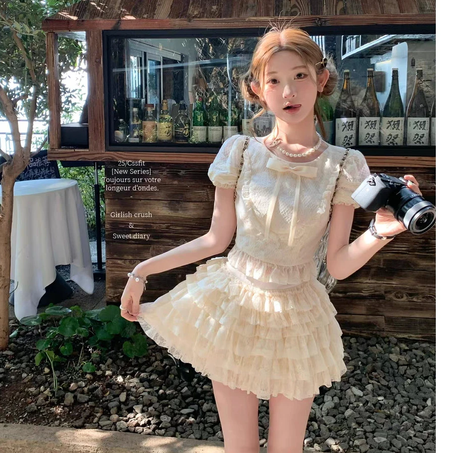 CHIC ME奶油八音盒 蛋糕网纱高腰A字半身裙甜美伞裙夏季蓬蓬裙裤