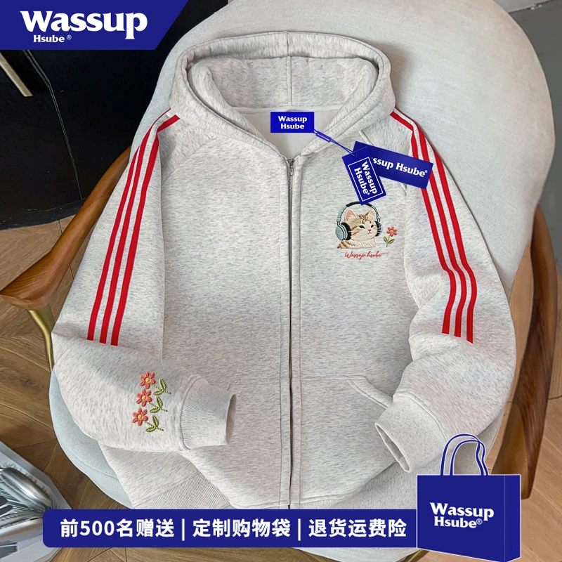 WASSUP HSUBE仿刺绣猫咪印花连帽开衫卫衣男女秋冬百搭三条杠外套