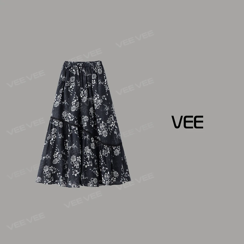 VEE【莫奈午后】25新款法式浪漫度假黑白撞色花卉老钱长半裙