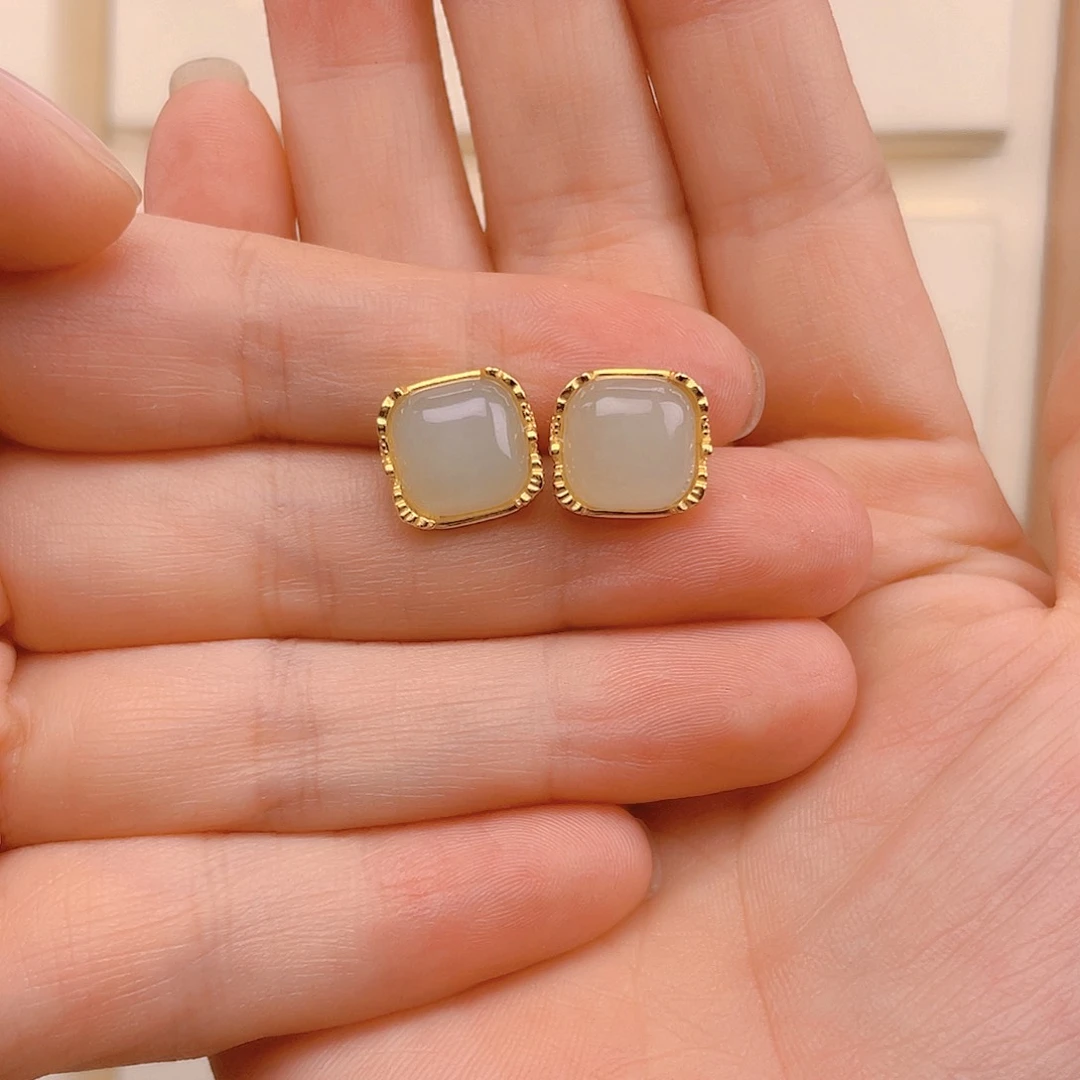 和田玉耳饰银S925镀金镶嵌