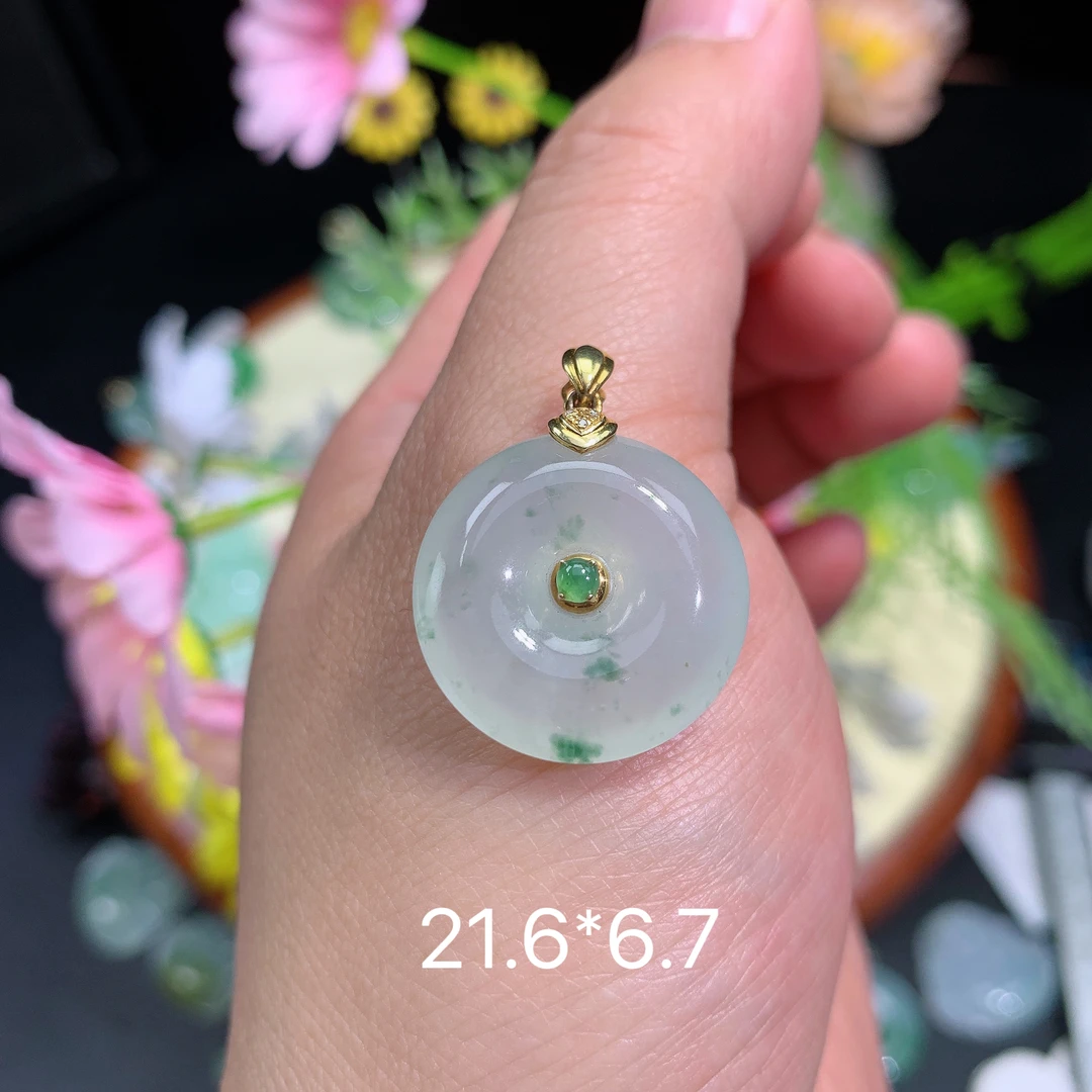 缅甸翡翠A货冰种飘花平安扣林挂件水润百搭精冰妈妈精美玉石百搭