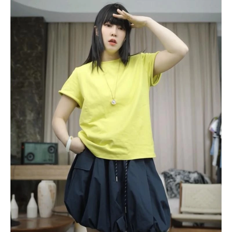 infobyfive2025夏季新款显瘦卷边小袖子垫肩短袖T恤NF0504035