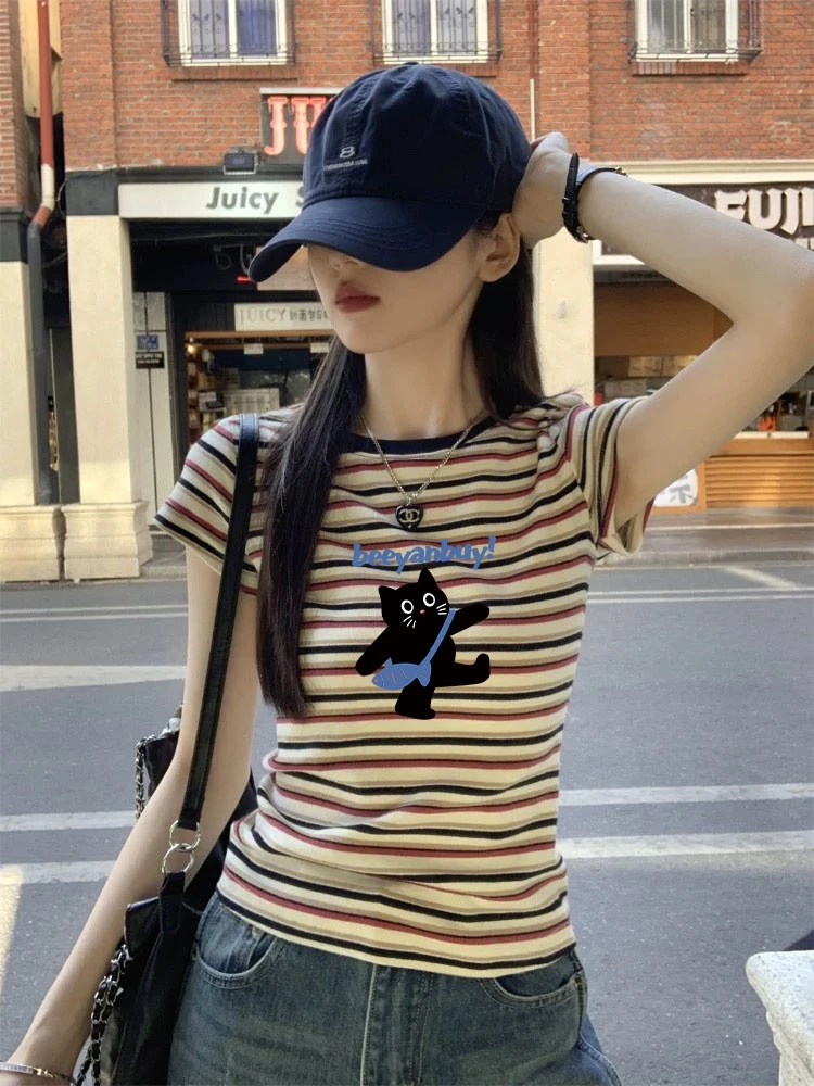 复古chic设计感减龄正肩短袖t恤女撞色条纹夏季美式修身打底上衣