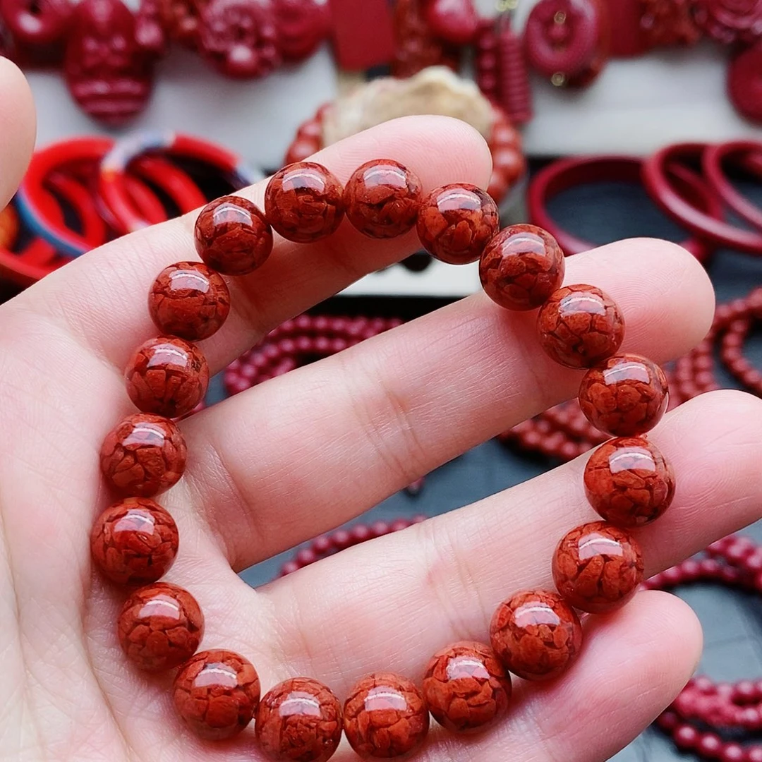 天然辰砂晶体砂卡十素圈手链