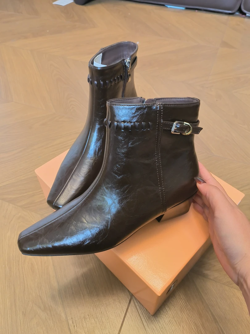 【雾里WuLi】中低跟短筒尖头坡跟保暖法式靴短靴时尚加绒冬季秋冬