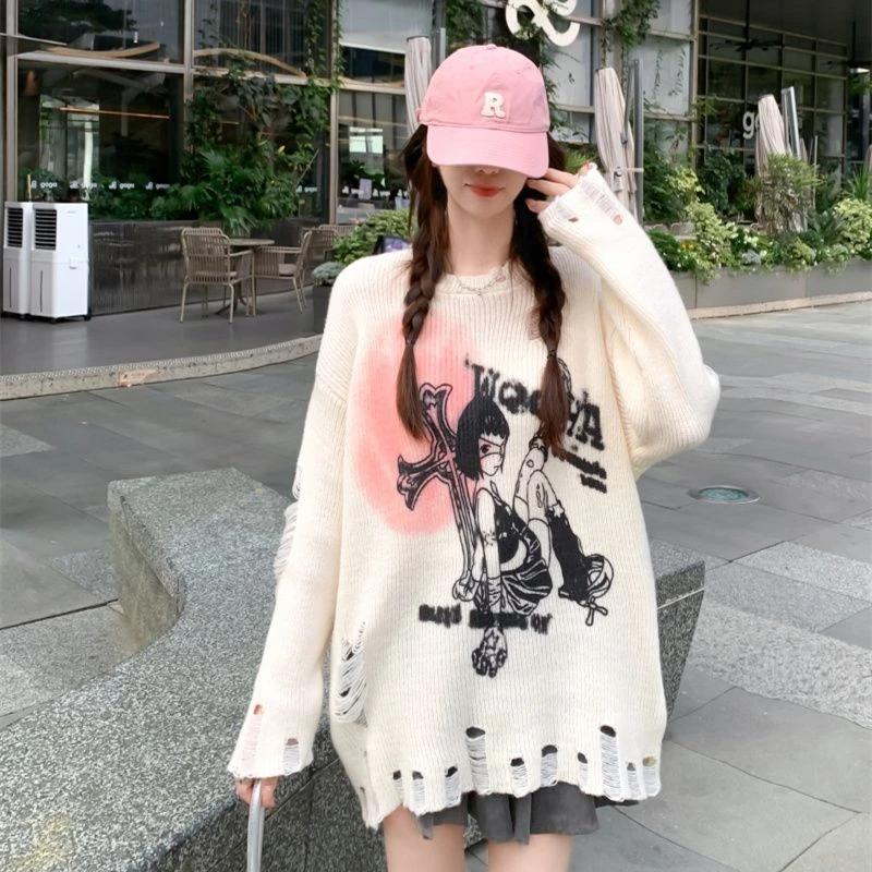 软糯新款破洞套头涂鸦印花毛衣针织衫秋冬款圆领长袖潮流上衣外套