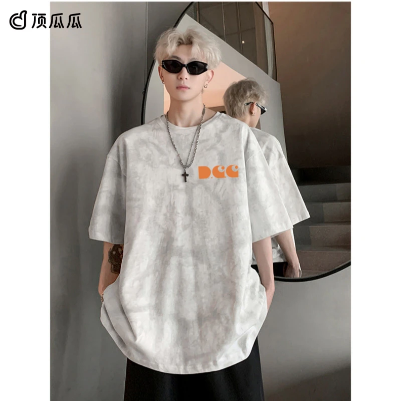 顶瓜瓜加大码300斤美式街头脏脏短袖t恤男女夏季宽松百搭扎染上衣