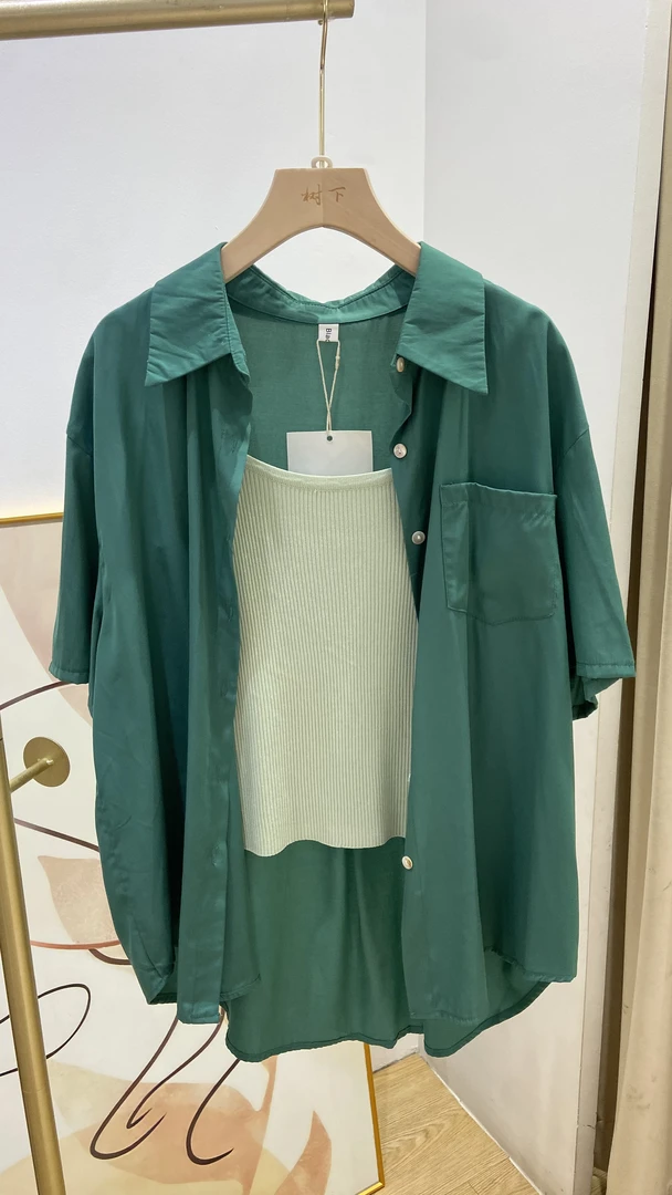 简约短袖绿色衬衫女夏季2025新款小个子百搭上衣薄款凉感翻领衬衣