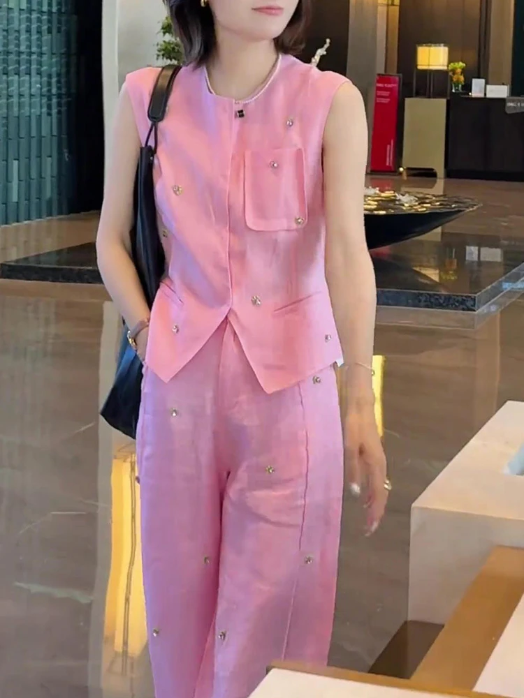 气质轻奢高级感女人味粉色简约上衣裤子套装女2025夏季超火两件套