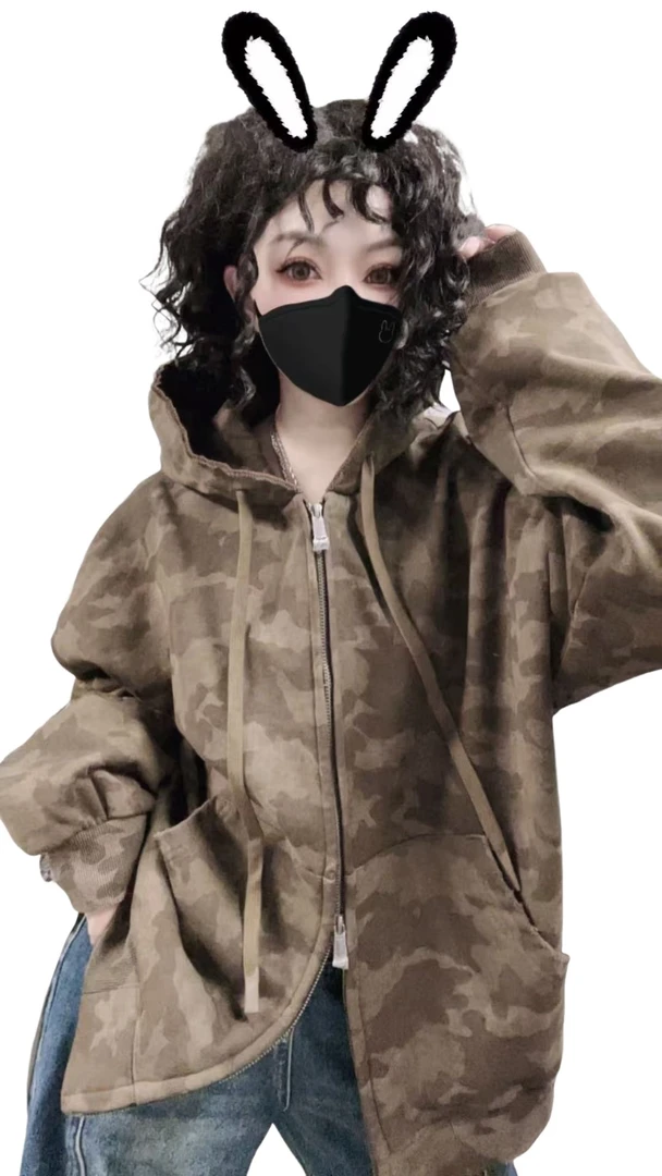 【佳老板】“25046#欧韩时尚百搭迷彩连帽外套