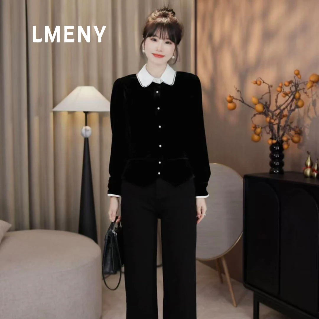 LMENY“丝绒控”怎么穿都好看～重工定制蕾丝领拼接丝绒衬衫25DC003