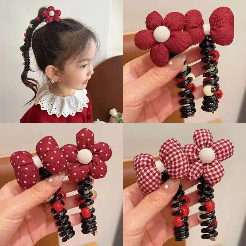 儿童红色花朵电话线发圈扎泡泡辫发绳女童头绳皮筋发饰马尾头饰