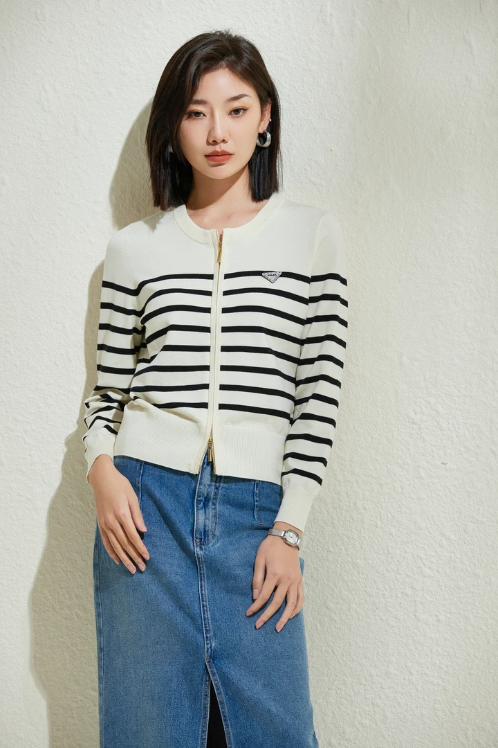 【于姐】011069女士长袖双拉链天丝条纹开衫小衫