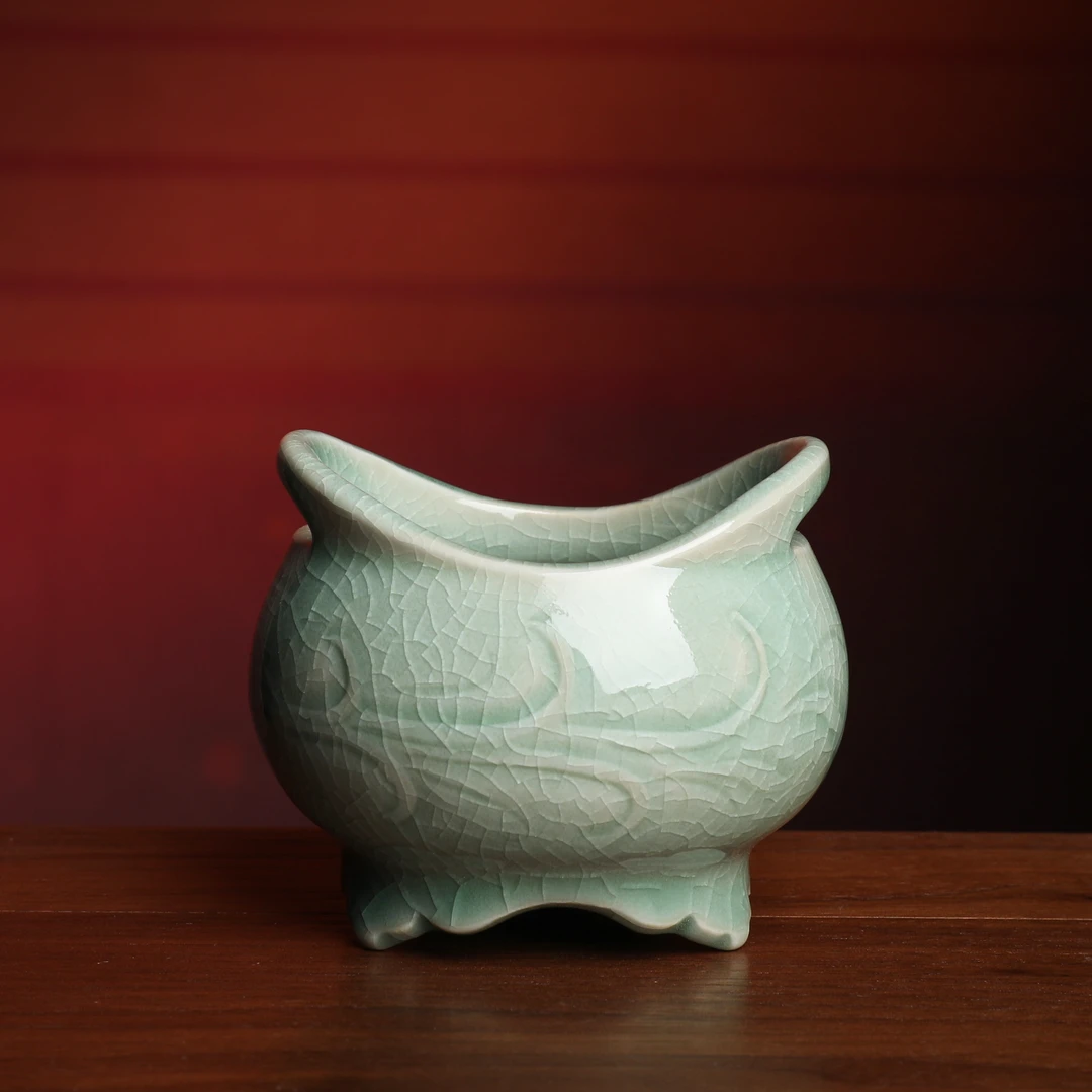 王中彩纯手工支钉凤凰桥耳炉 龙泉青瓷哥窑仿古香炉香道摆件 香炉