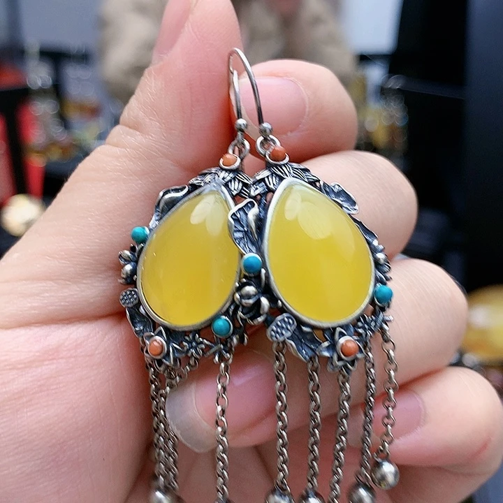 琥珀裸石银S925镶嵌耳坠