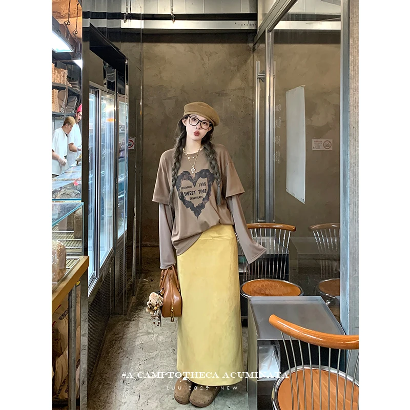 LUU桃喜儿/假两件圆领网纱印花长袖T恤女夏秋宽松设计感针织上衣