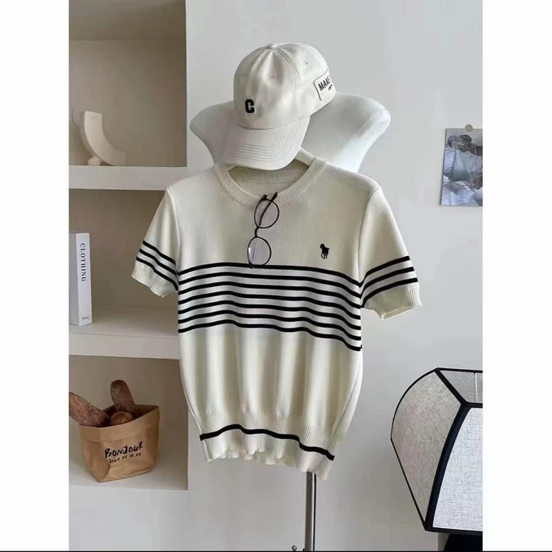 【老钱风穿搭】刺绣针织衫春夏新款条纹经典衫百搭上衣薄款品质女