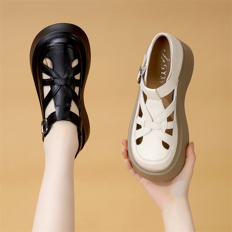 厚底镂空韩版显脚小罗马凉鞋女2025夏季新款魔术贴包头凉鞋小码34