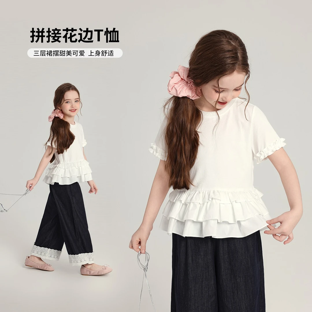 布丁哈鲁【花瓣T】2025夏款女童舒适白色拼接花边圆领T恤G52TW119