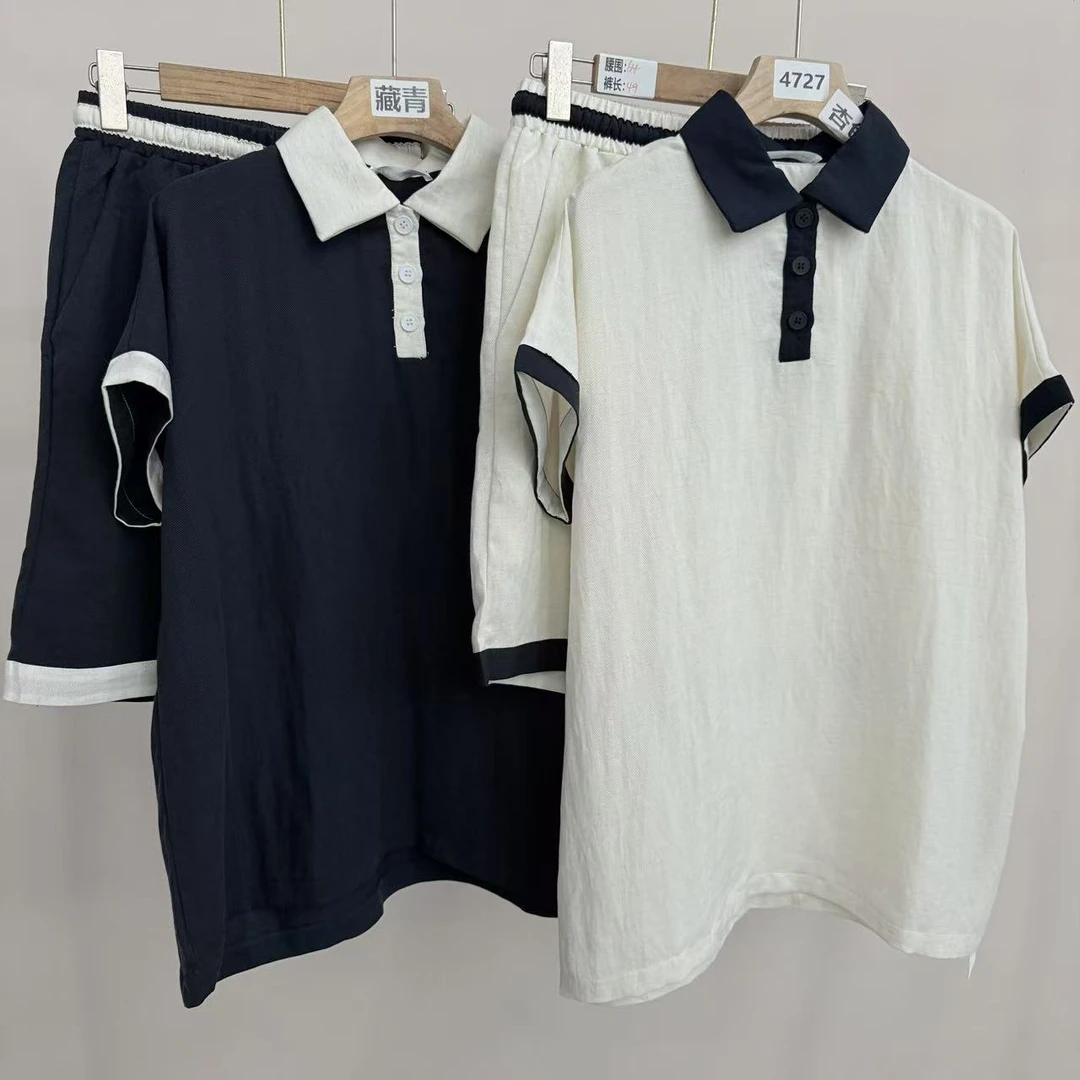 4727号77132#撞色翻领上衣+弹力腰短裤休闲两件套