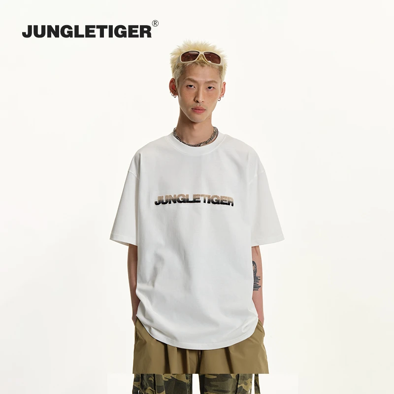 丛林老虎渐变字母牙刷绣t恤男短袖夏季宽松纯棉白色青少年半袖tee