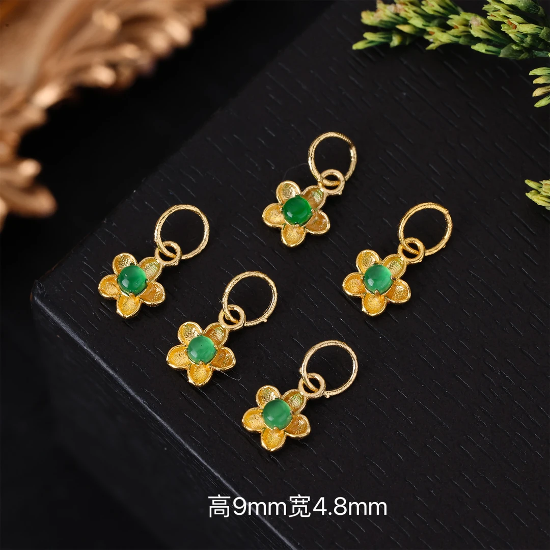 【来福工厂】18k金实心金豪镶缅A翡五瓣花提溜挂坠编绳珠串耳饰配件
