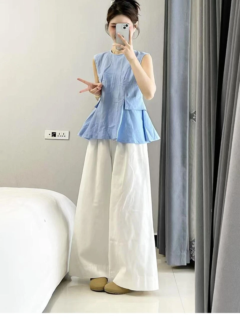 2025夏季韩系洋气减龄时尚无袖衬衫背心上衣女搭配休闲阔腿裤套装