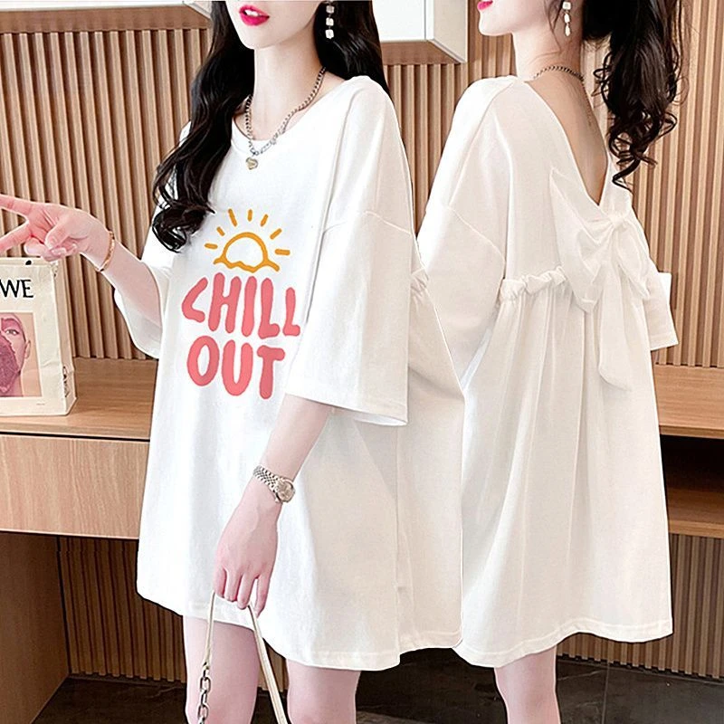 休闲宽松纯棉蝴蝶结拼接露背短袖T恤女夏季新款韩版半袖网红上衣