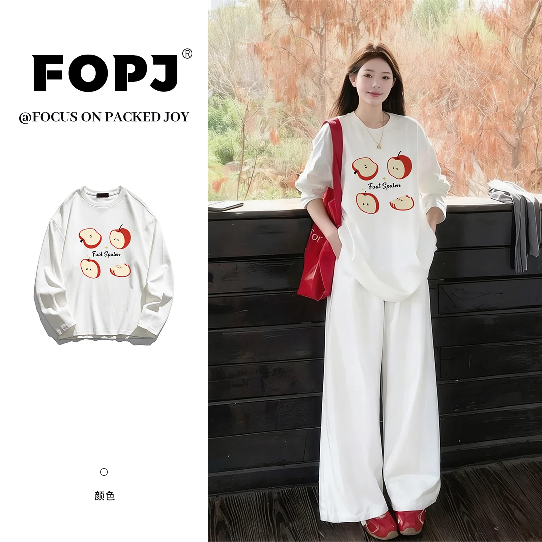 FOPJ纯棉圆领长袖t恤女春秋新款美式街头休闲慵懒风设计感上衣ins
