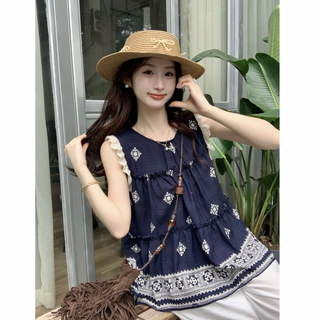 复古无袖法式碎花背心宽松型衬衫刺绣飞飞袖夏季蕾丝上衣小衫薄款