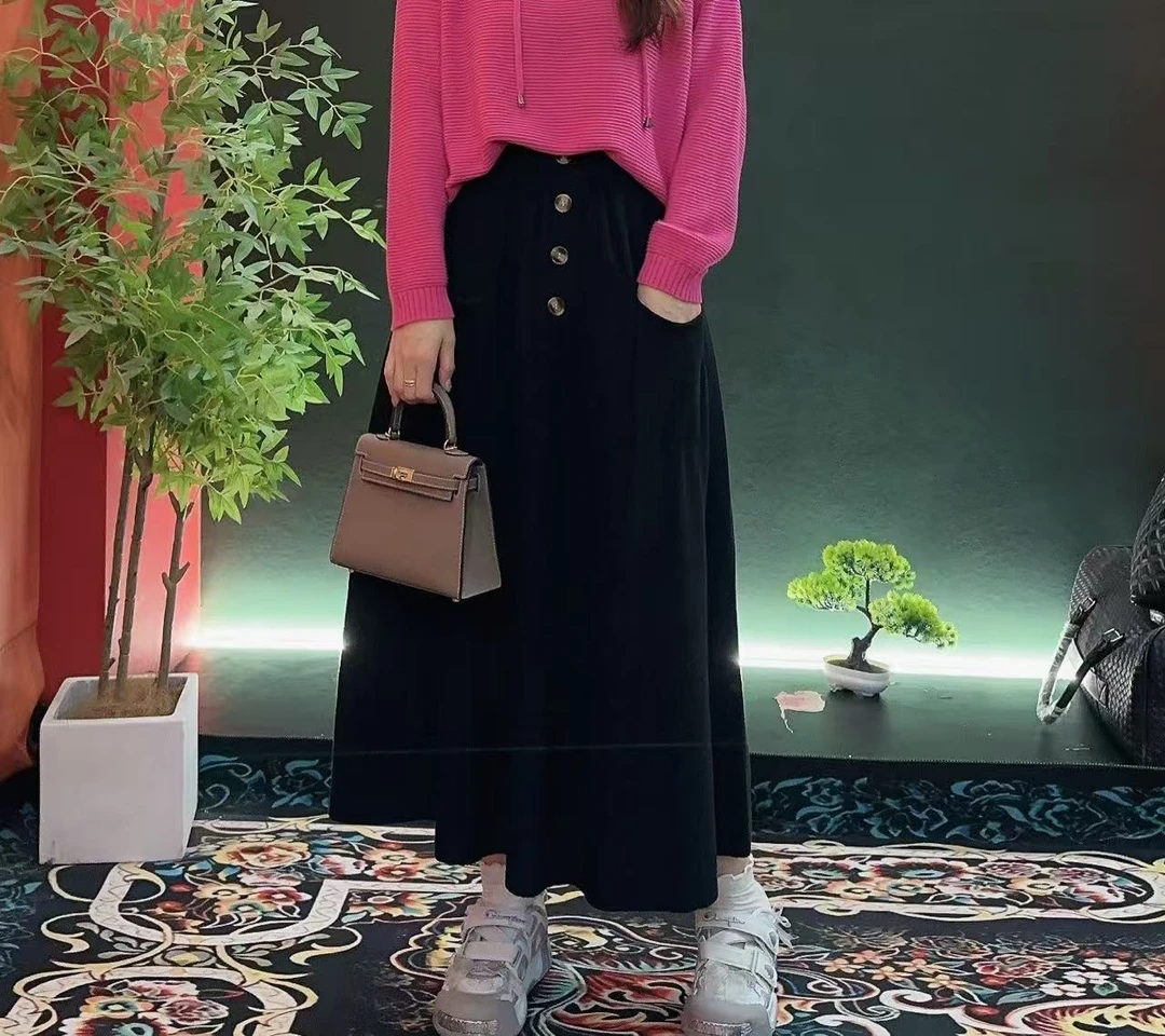 2432多金大码气质减龄长款A字裙子春秋季设计长袖连衣裙女