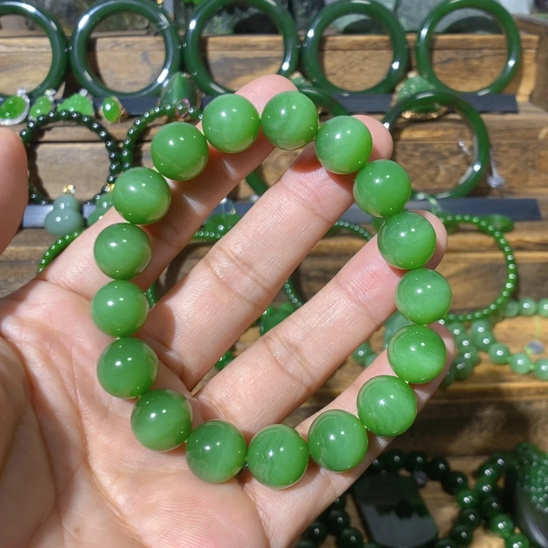 【闪购商品】吊坠(不含链)未镶嵌和田玉俄料粉阳绿猫眼手串12