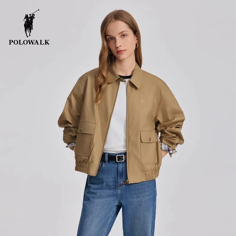 POLOWALK女士外套2025春季新款小众复古翻领短款夹克通勤百搭上衣