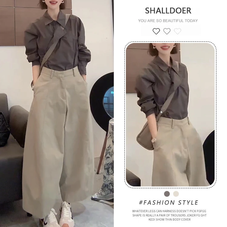 韩版休闲通勤套装女春秋新款收腰条纹长袖衬衫休闲阔腿裤子两件套