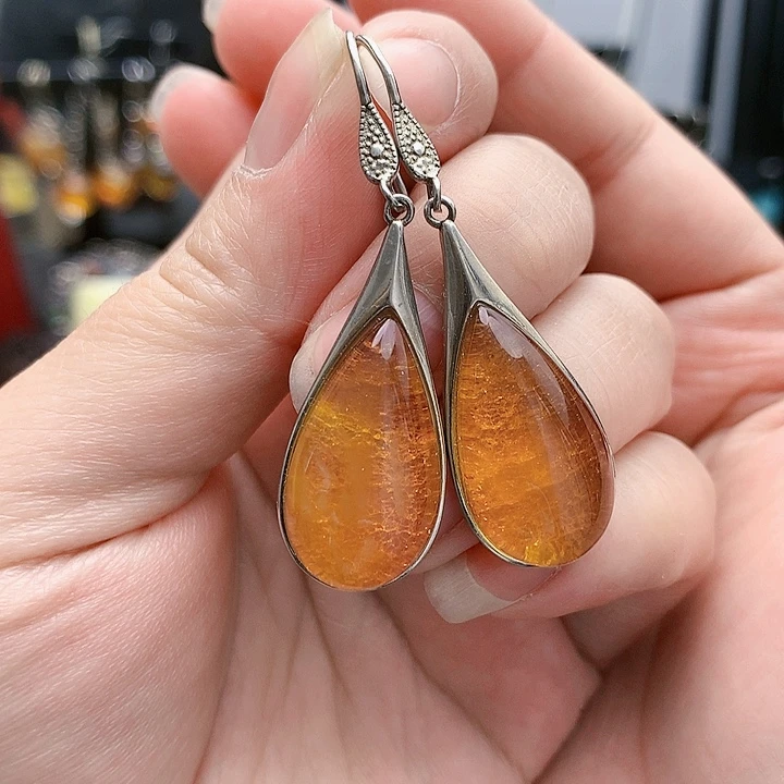 琥珀裸石银S925镶嵌耳坠