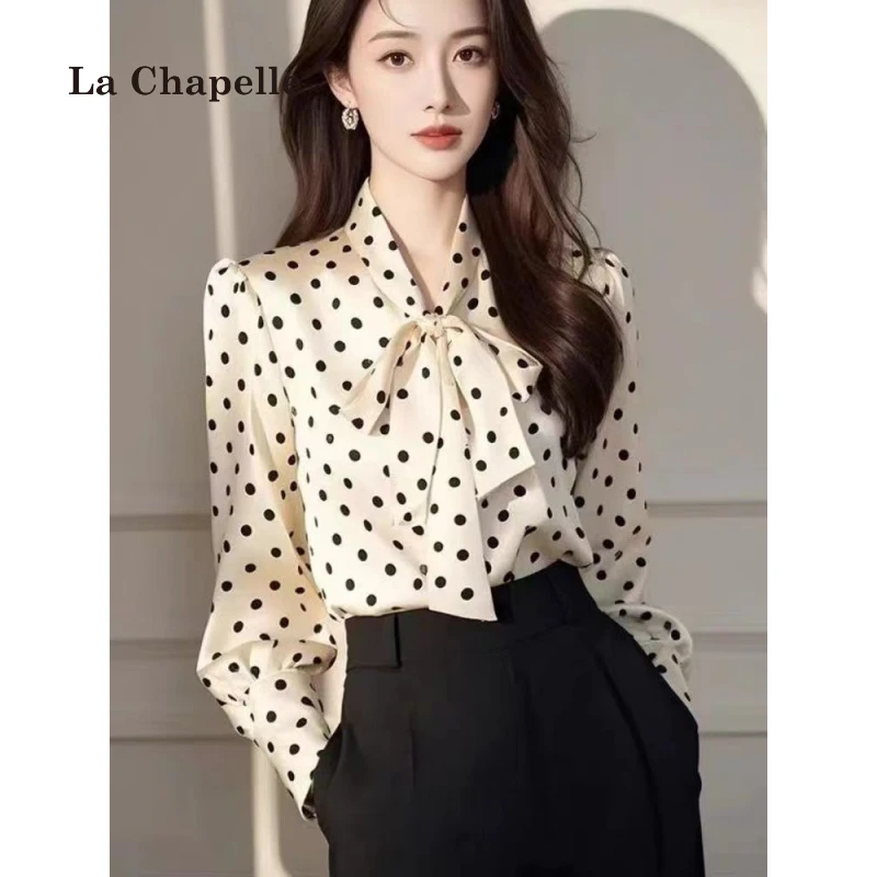 拉夏贝尔法式风飘带波点雪纺衬衫女春季高级通勤衬衣别致漂亮上衣