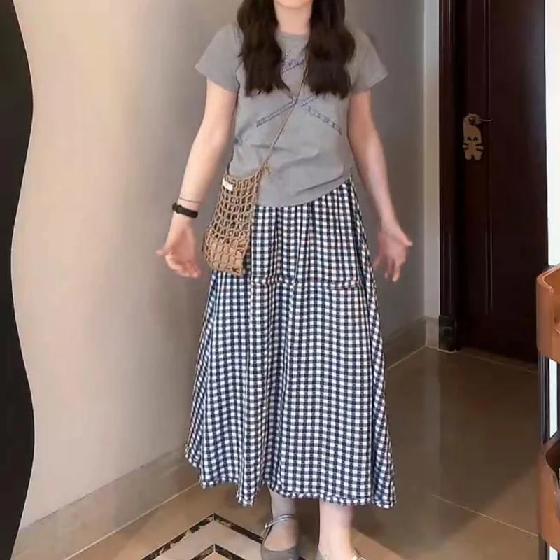 韩系灰色正肩短袖T恤夏季复古高腰垂感格子半身裙时尚两件套装女