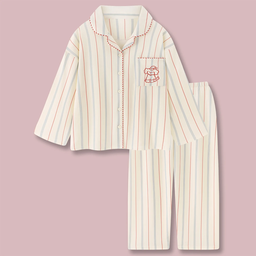 『海盐小狗』卡通条纹纯棉睡衣女款春秋季2025新款长袖家居服套装