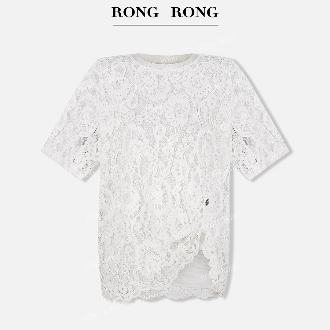 溶溶【知性气质】RONGRONG 蕾丝镂空绣花设计感宽松短袖上衣T-B0007
