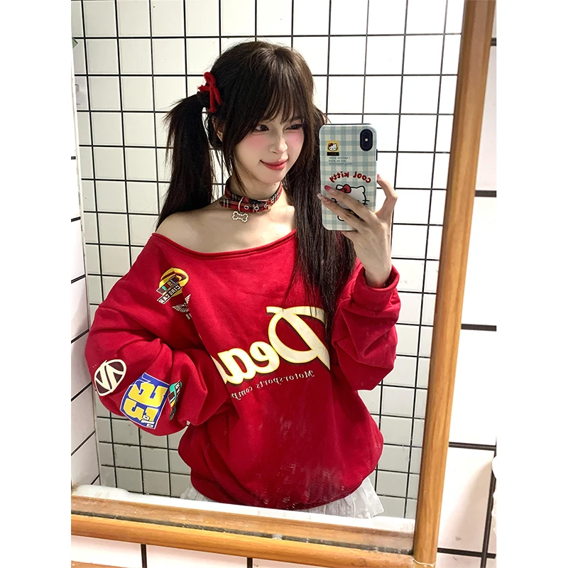 美式复古红色斜肩长袖卫衣女秋冬新款字母印花宽松辣妹露肩上衣潮