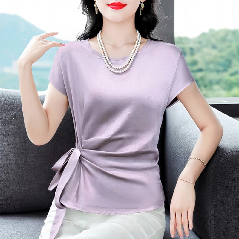 醋酸缎面短袖T恤女夏季2025新款气质收腰系带小衫轻奢高级感上衣