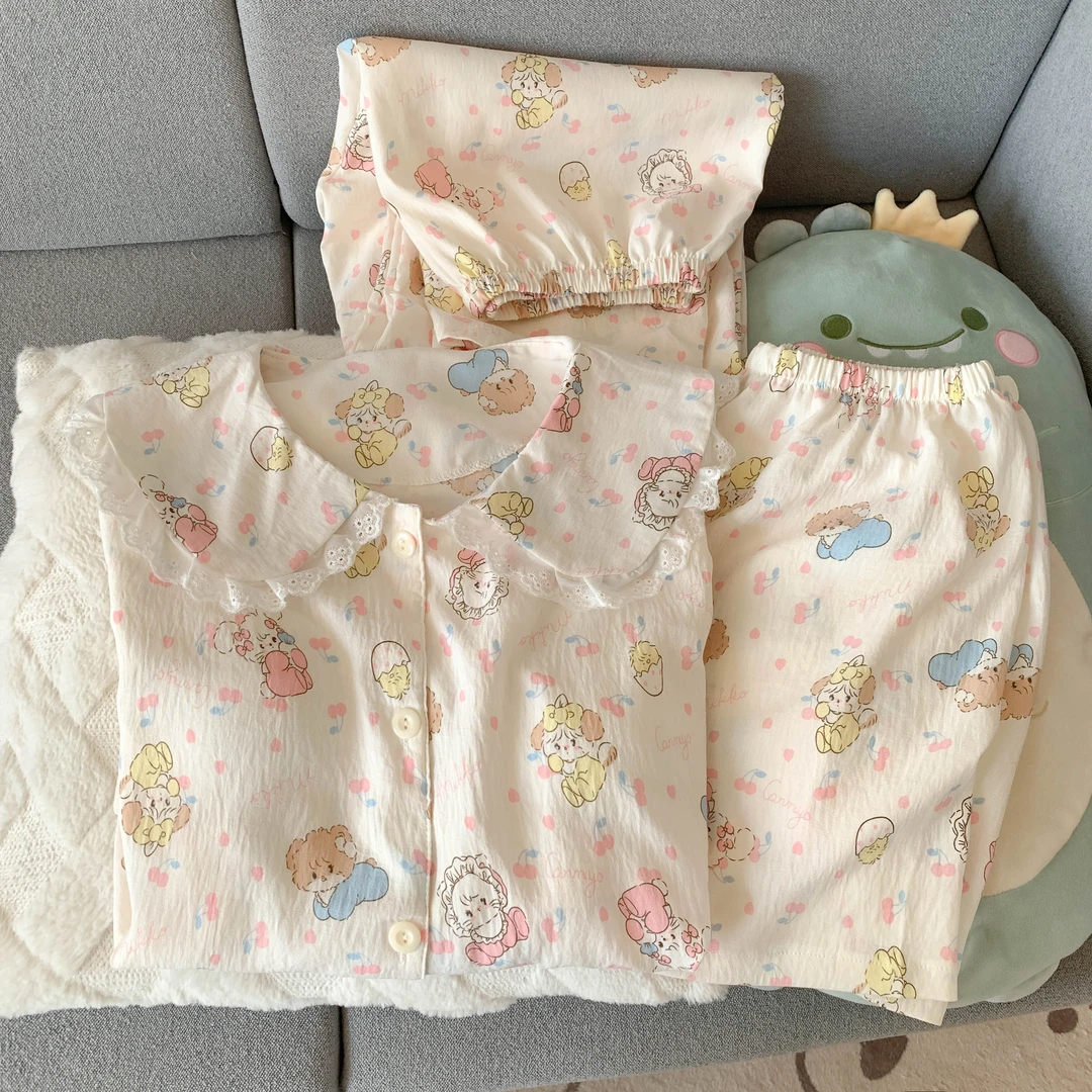 可爱mikko睡衣少女夏季短袖三件套甜美学生宽松云朵棉娃娃领套装