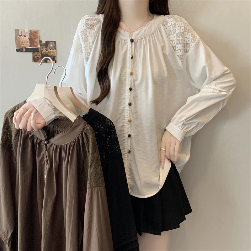 【鱼白专属】【运补6-10】秋韩系重工蕾丝拼接木扣高级感百搭长袖衬衫