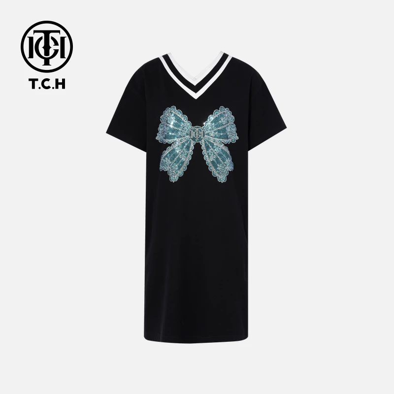 TCH轻奢潮牌烫钻宽松显瘦蝴蝶结黑色连衣裙T75A30E1025轻奢tch